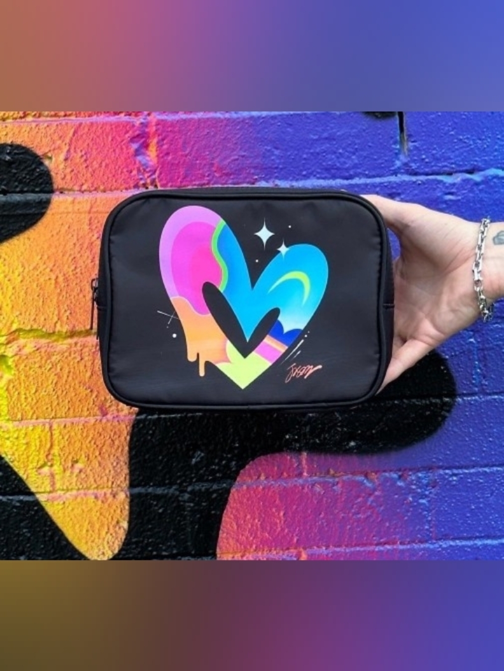 Jason Naylor Double Zip Organizer Cosmetic Makeup Travel Bag Rainbow Heart
